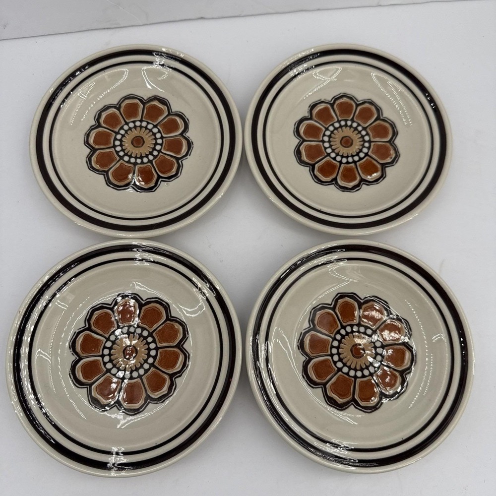 Homer Laughlin Aztec MCM Bread & Butter Plates 4 Set Retro Flower 70s Dinnerware